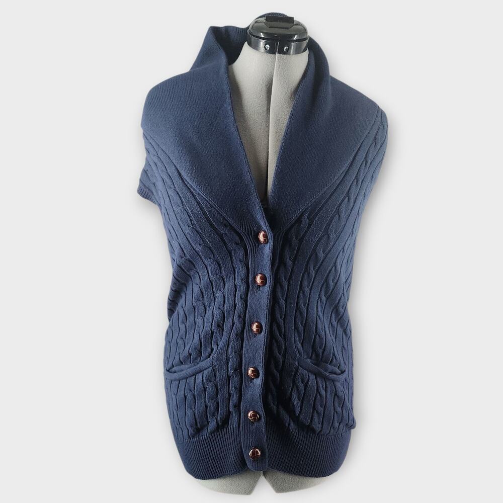 American Living Cable Knit Sweater Vest Women's L Navy Button Down Cowl Neck
